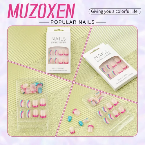 Vista 3 de Uñas postizas cuadradas a presión, uñas postizas francesas cortas acrílicas de cobertura completa, pegamento en uñas postizas con diseños