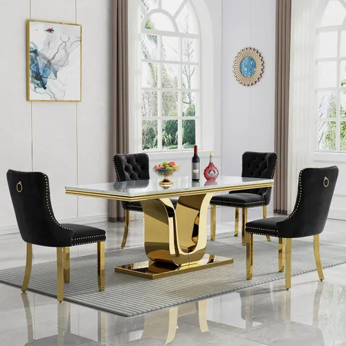 Vista 99 de Juego de mesa de comedor de mármol sintético, 7 piezas, juego de mesa de cocina y comedor para 6, mesa de comedor rectangular blanca de 70 pulgadas