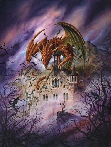 Vista 4 de Rompecabezas de 1000 piezas de fantasía gótica para adultos, diseño de dragones del corredor, místico, obra de arte mágica