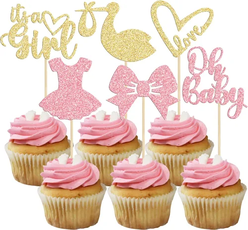 Vista 13 de Gyufise Paquete de 36 adornos para cupcakes Oh Baby ensamblados con texto en inglés "It's a Boy" con corbata, mameluco de amor, corazón, purpurina