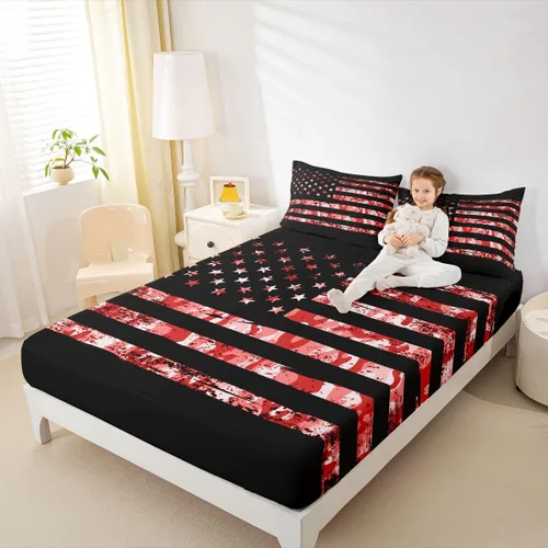 Vista 26 de Erosebridal American Flag Fitted Sheet Twin, Hockey Bedding Set United States Sports Games Bed Sheets for Kids Boys Teens Bedroom, Red White