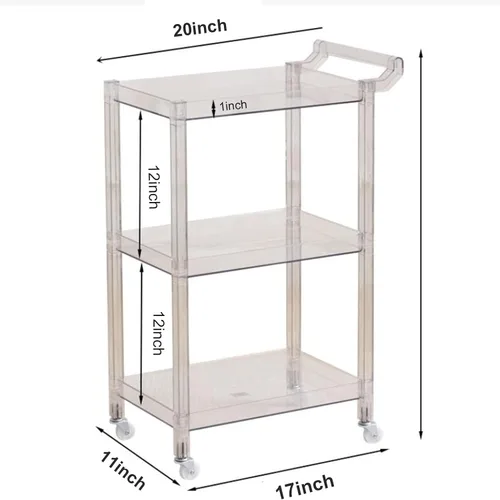 Vista 7 de QQXX Carrito de barra de acrílico, carrito rodante de 3 niveles con ruedas y asa, organizador de almacenamiento de mesa auxiliar transparente