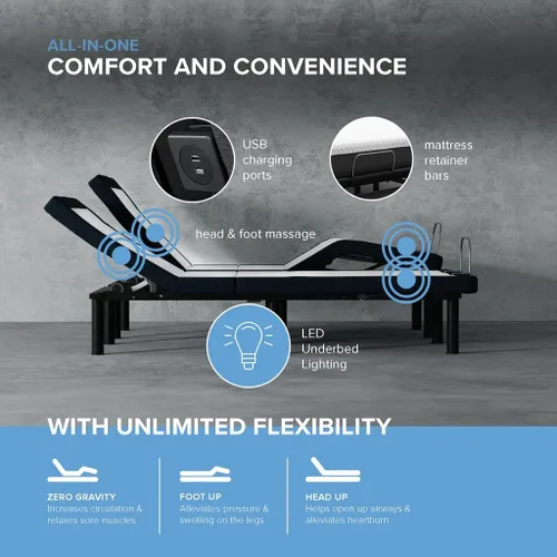 Vista 3 de Blissful Nights z4 Marco de Cama Ajustable Twin XL para Camas de Almacenamiento con Masaje Anti-Ronquidos, Zero G, Estación de Carga USB, Control