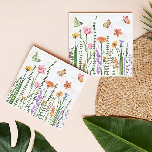 Vista 6 de AnyDesign Paquete de 80 servilletas de almuerzo florales de primavera, desechables, de papel, servilletas decorativas, mariposas, flores, postre