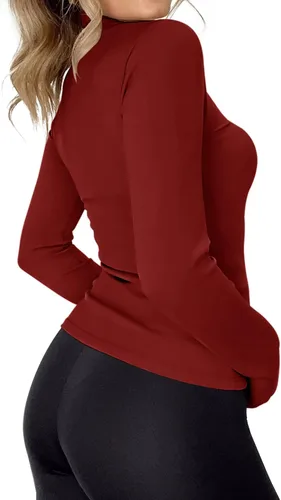 Vista 4 de Rapbin Camiseta de manga larga para mujer, cuello alto, básica, elástica, ajustada, ligera, térmica
