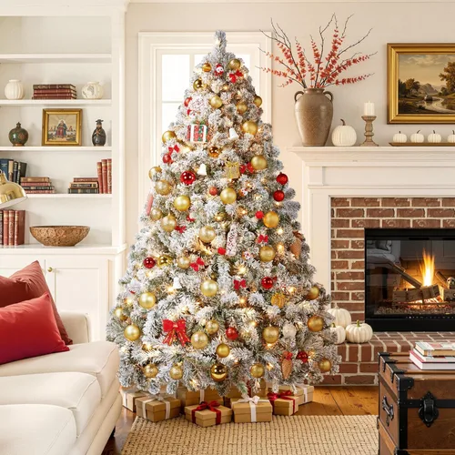 Vista 2 de Yaheetech - Árbol artificial de Navidad de 6 pies con flecos nevados preiluminado con 250 luces blancas cálidas, 820 puntas de ramas exuberantes