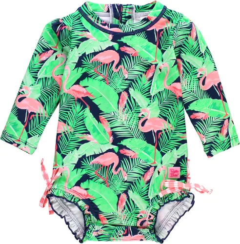Vista 64 de RuffleButts - Traje de baño de una pieza con protección solar UPF 50+, camiseta de protección floral estampado, manga larga, con cierre zipper