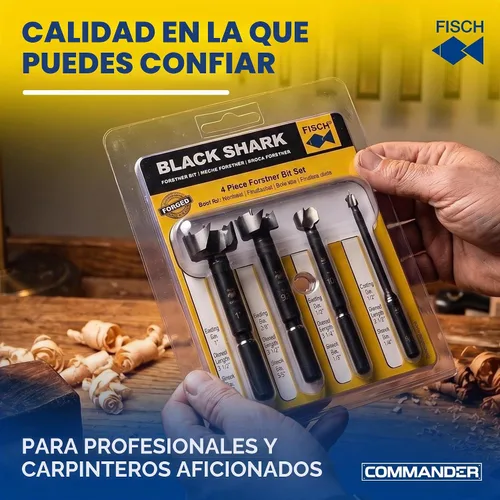 Vista 8 de Fisch Black Shark Juego de brocas Forstner de acero forjado para carpintería, diseño de onda de precisión, cortes limpios en maderas duras, MDF