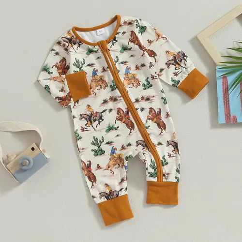 Vista 6 de Lamuusaa Ropa occidental para bebé, niña, niño, manga larga, estampado de vaca, mameluco con cremallera, overol de una pieza para otoño e invierno
