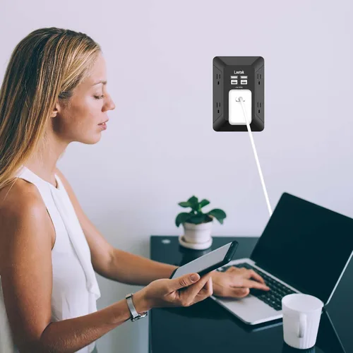 Vista 4 de Extensor de tomacorriente, protector de sobretensiones con 5 enchufes múltiples y 4 puertos USB (2 USB C), cargador de pared de regleta