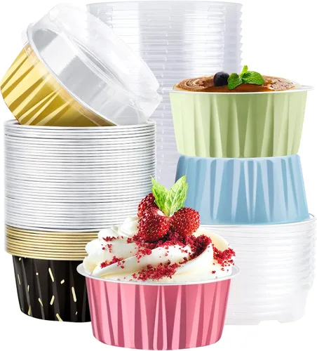 Vista 10 de EUSOAR Vasos para cupcakes con tapas, paquete de 50 forros para magdalenas de 5 onzas de colores surtidos, moldes desechables de papel de aluminio 5