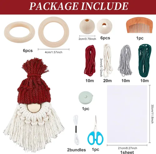 Vista 2 de FREEBLOSS Juego de 6 gnomos de Navidad de macramé de Papá Noel, kit de macramé de Papá Noel para decoración de árbol de Navidad, gnomos colgantes