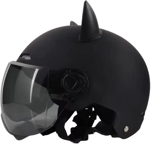 Vista 9 de Casco vintage para motocicleta para adultos, con visera solar, diseño retro con orejas de gato, casco de ciclomotor ligero abierto para hombres