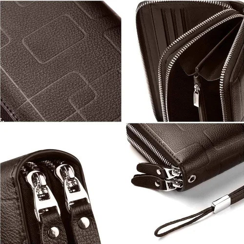 Vista 5 de Bolso de mano para hombre, bolso de cuero genuino con cremallera, cartera larga para negocios, bolso de mano grande