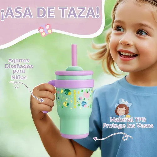 Vista 3 de KXIAOCHEN Vaso para niños de 14 onzas con asa para evitar derrames, vaso aislado reutilizable de acero inoxidable para niños pequeños, mantiene
