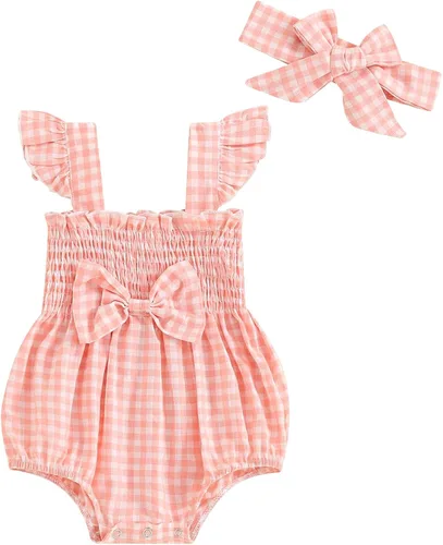 Vista 22 de Body sin mangas para bebé recién nacida con cuello halter y volantes, mameluco enterizo con diadema, conjunto de ropa de verano Albaricoque