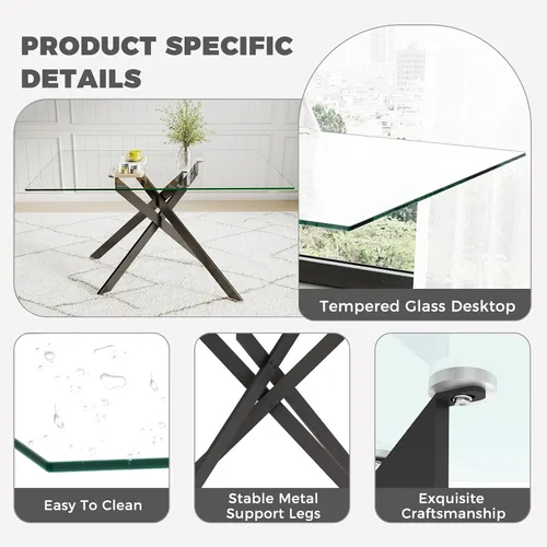 Vista 8 de Juego de mesa de comedor de 51 pulgadas de vidrio para 4, mesa de cocina rectangular de vidrio con 4 sillas tapizadas con acentos de terciopelo