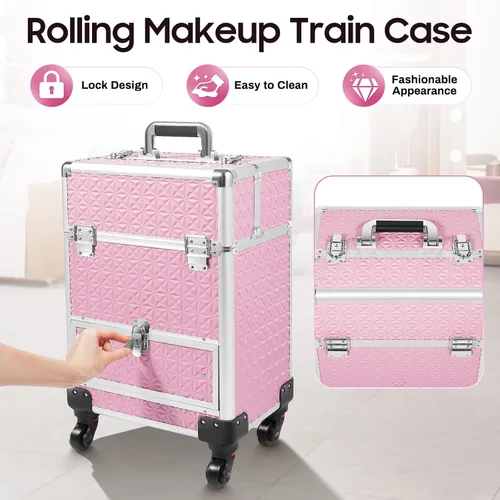 Vista 6 de Estuche de maquillaje con ruedas y mango telescópico, cajón con cerradura, estuche de maquillaje rodante, organizador de cosméticos, para estilista