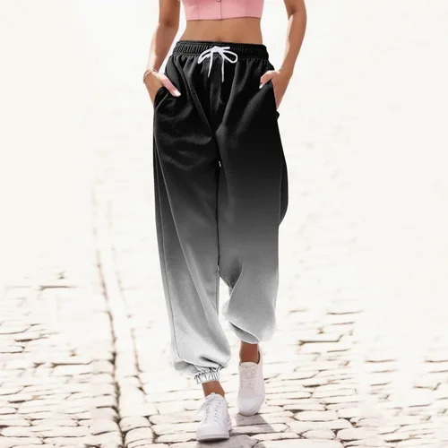 Vista 2 de Pantalones deportivos para mujer, cintura alta, con bolsillos, para negocios, casual, color liso, con estampado degradado, talla grande