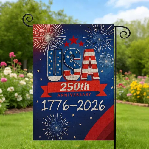 Vista 8 de Bandera de jardín de 250 años de Estados Unidos, pancarta de 250 aniversario con diseño de fuegos artificiales, letrero patriótico del 4 de julio