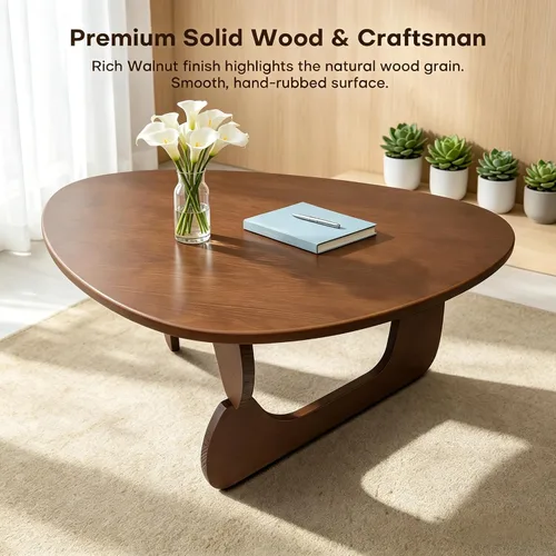 Vista 3 de Mesa de centro moderna de madera maciza, mesa central triangular única para sala de estar, 35.4 x 22.8 x 16.5 pulgadas, nogal