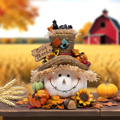 Vista 5 de Hodao Decoraciones de calabaza de Acción de Gracias, figura de resina de otoño con sombrero de paja, pájaros, bellotas y girasoles, letrero
