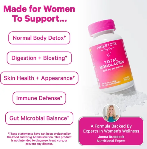 Vista 3 de Pink Stork Suplemento total de monolaurina para la salud intestinal, náuseas matutinas, apoyo inmunológico y salud vaginal para mujeres, bienestar