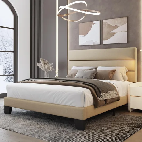 Vista 18 de WEEWAY Base de cama tamaño individual con cabecera tapizada de tela de lino y soporte de listones de madera, base de colchón resistente, no necesita