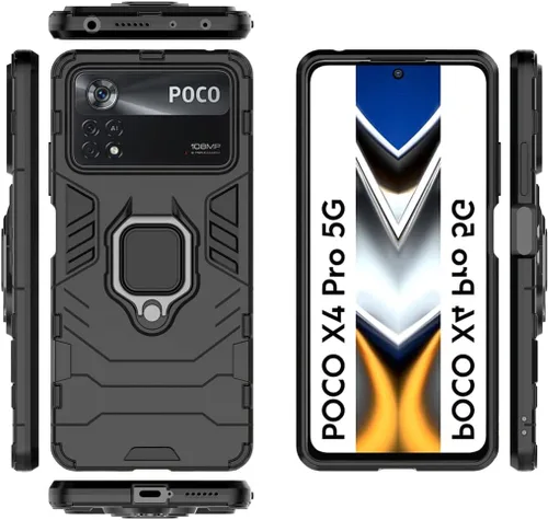 Vista 3 de Compatible con funda Xiaomi Mi Poco X4 Pro 5G, soporte de anillo de metal a prueba de golpes (funciona con soporte magnético para automóvil), Negro