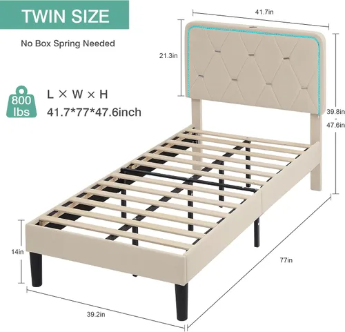 Vista 2 de VECELO Base de cama individual tapizada con cabecera ajustable, plataforma de terciopelo con luces LED, estación de carga, base de colchón