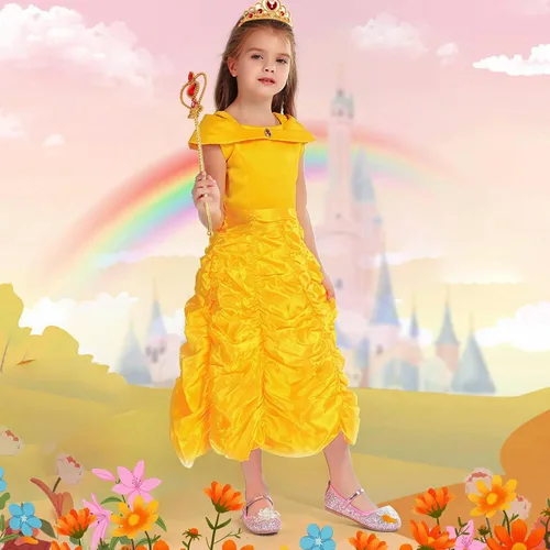 Vista 6 de Vestido de princesa para niñas, disfraz de Halloween con accesorios, ropa, cosplay, fiesta de cumpleaños, amarillo, 3-8 años