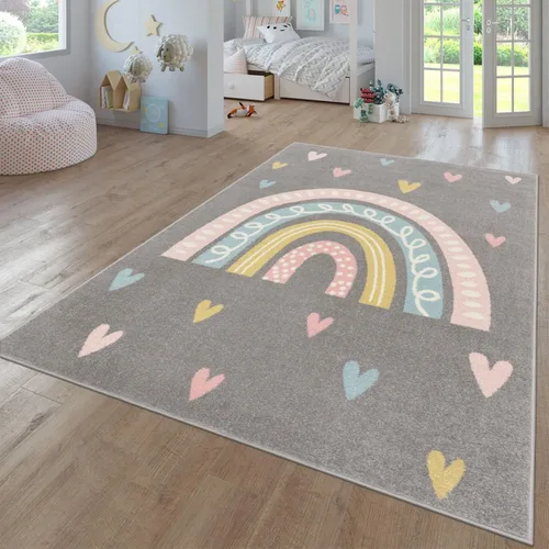 Vista 9 de Paco Home Alfombra de habitación infantil con arco iris y corazones en marrón beige, tamaño: 2'8" x 4'11
