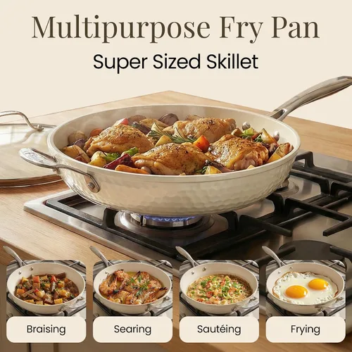 Vista 9 de GOTHAM STEEL Hammered 14 Inch Large Nonstick Frying Pan with Lid, Cream