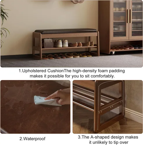 Vista 6 de AQIMUELE Banco pequeño para zapatos, banco de zapatos de 2 niveles con almacenamiento con tapa abatible, zapatero de madera para entrada, pasillo