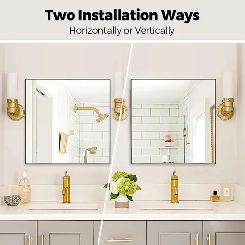 Vista 5 de 24x24 Inch Black Bathroom Mirror for Wall, Aluminum Frame Rectangle Rectangular Vanity Mirror, Modern Large for Bedroom, Living Room, Horizontal or