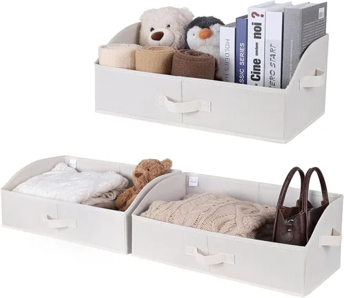 Vista 14 de WUIKE Cestas de almacenamiento para estantes, contenedores de almacenamiento de tela con asas, cesta plegable para estantes organizadores y Beige