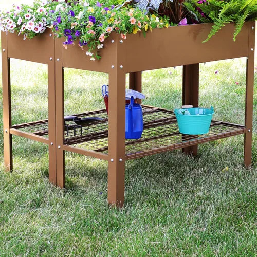 Vista 5 de Sunnydaze Cama de jardín elevada de acero galvanizado, juego de 2 jardineras elevadas, uso individual o conectado, cuenta con estante de Marrón