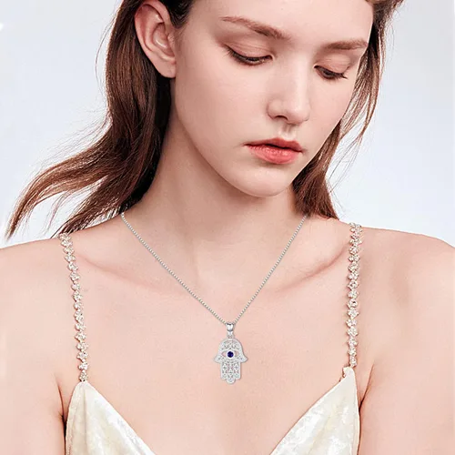 Vista 48 de Aniu Joyería de plata de ley 925 Hamsa de Fátima para mujer con circonita cúbica, viene con caja de regalo negra