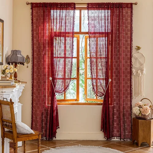 Vista 41 de YJ YANJUN - Cortinas de café boho, 24 pulgadas de largo, 2 paneles, cada una de 59" de ancho x 24" de largo, beige, con crochet, cortinas de cocina