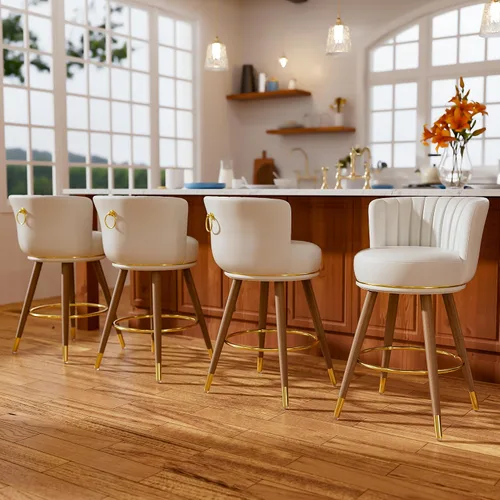 Vista 19 de SeekFancy - Juego de 2 taburetes de bar giratorios de cuero negro de 24 pulgadas Upholstered pleated backs, wood legs, gold footrests, 300lbs