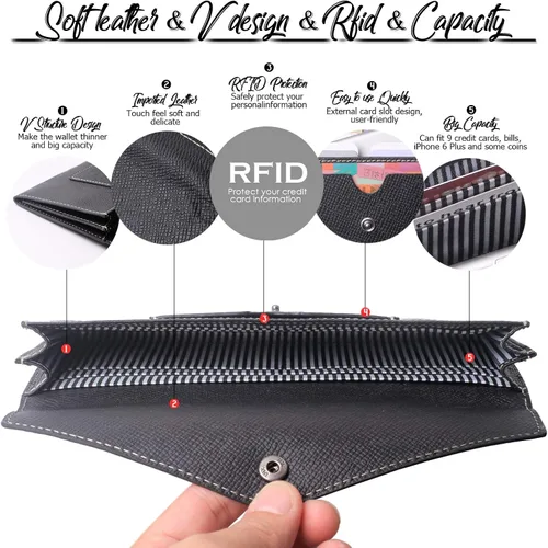 Vista 2 de Cartera de piel para mujer RFID con sobres ultrafinos