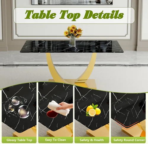 Vista 4 de Juego de mesa de comedor negra para 4, 63 x 35.4 x 30 pulgadas, mesa de comedor moderna rectangular con patas y base de acero inoxidable, sillas