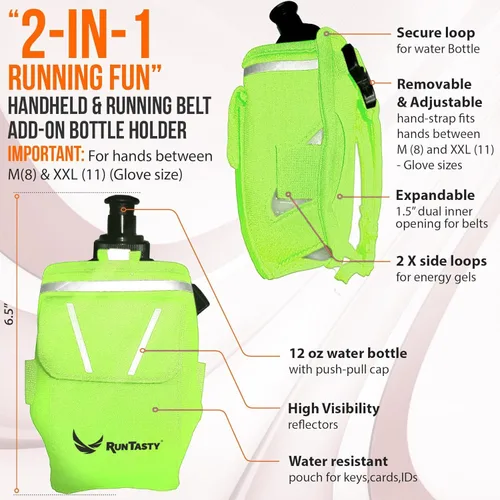 Vista 3 de Diversión para correr 2 en 1: botella de agua de mano de 12 onzas y complemento de cinturón para correr. Correas de diseño sin agarre en la mano