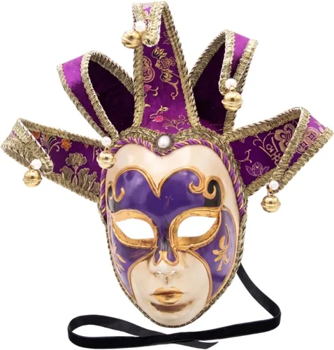 Vista 9 de Máscara de bufón, máscara veneciana de cara completa, máscaras para hombre con patrones dorados y campanas, color rojo Negro