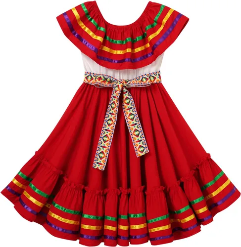 Vista 4 de IBTOM CASTLE Vestido mexicano para niñas, vestido folklórico tradicional con cinturón Rojo
