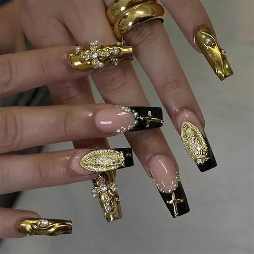 Vista 11 de BABALAL Uñas postizas punk a presión, uñas falsas cortas cuadradas, pegamento de caída de guepardo, uñas acrílicas azules y blancas con punta