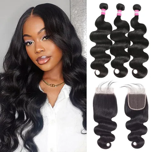 Vista 28 de DMKEEP Extensiones de cabello humano ondulado con cierre, 12, 14, 16+10 pulgadas, 100% cabello virgen brasileño sin procesar, 3 paquetes con cierre