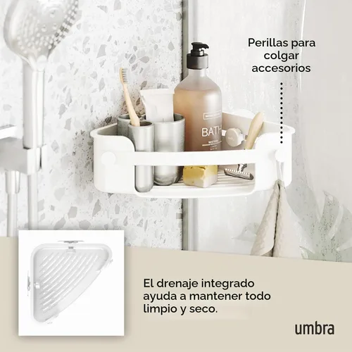 Vista 5 de Umbra Estante de esquina de ducha adhesivo flexible para baño, color blanco