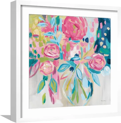 Vista 7 de ART.COM Farida Zaman - Lienzo enmarcado para pared, diseño floral rosa de verano, decoración botánica, 16 x 16 pulgadas, marco negro con paspartú