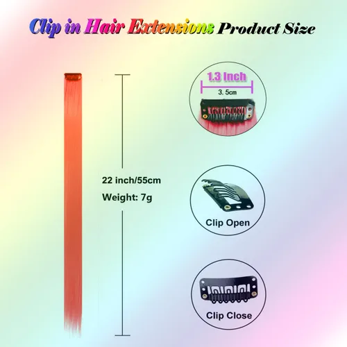 Vista 2 de 24 extensiones de cabello con clip de color, 22 pulgadas de largo, lacio, sintético, multicolor, resaltado para fiestas, para mujeres y niñas
